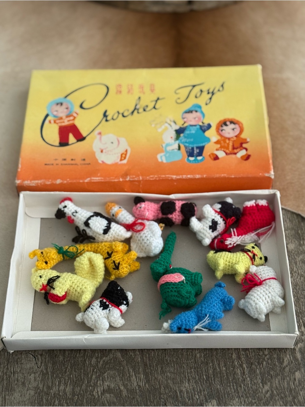 Vintage Made in Shanghai China Crochet Animal Toy Complete 12 PC Set Boxed MCM